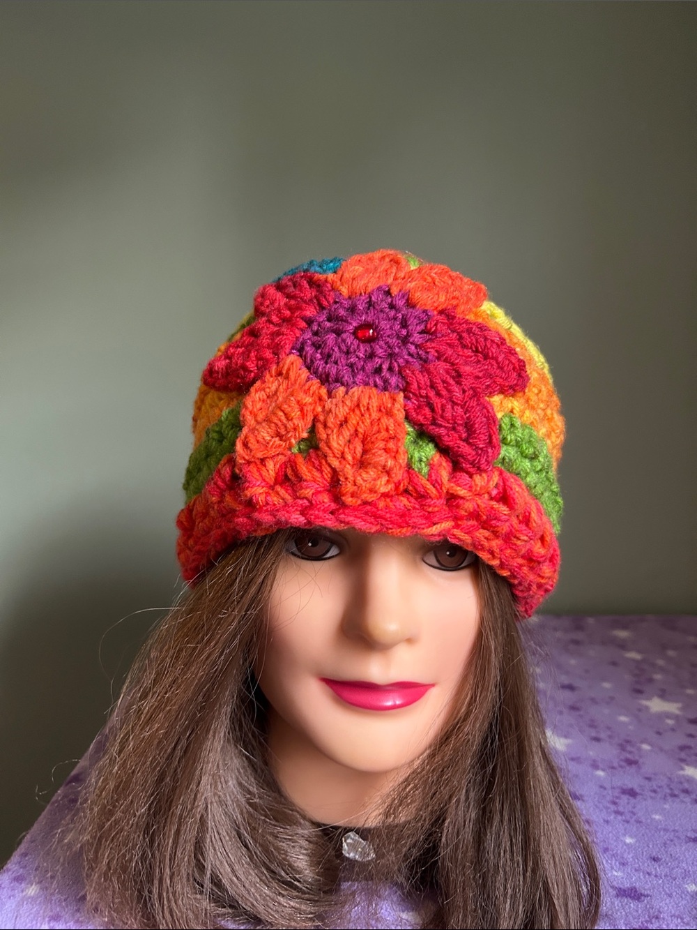 Colorful vibrant fall Crochet Flower Beanie - Multicolor medium and acrylic new